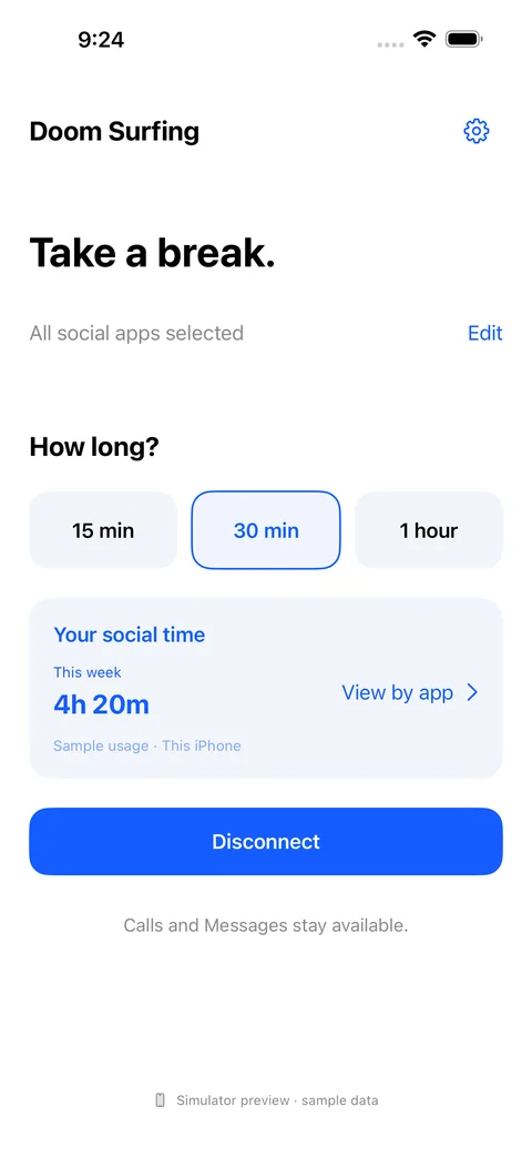 Doomsurfing app showing 15 minute, 30 minute and 1 hour choices, a social-time summary, and the Disconnect button.