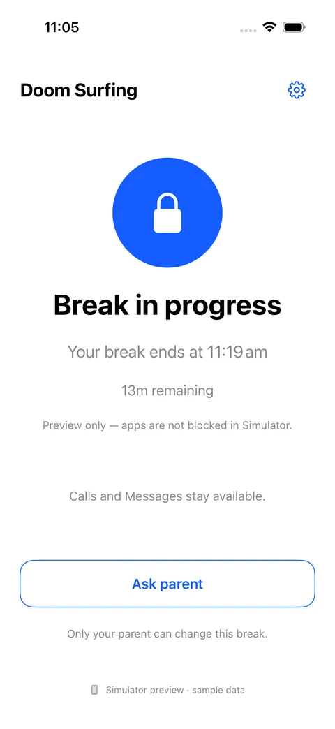 Child’s break-in-progress preview showing time remaining and an Ask parent button.