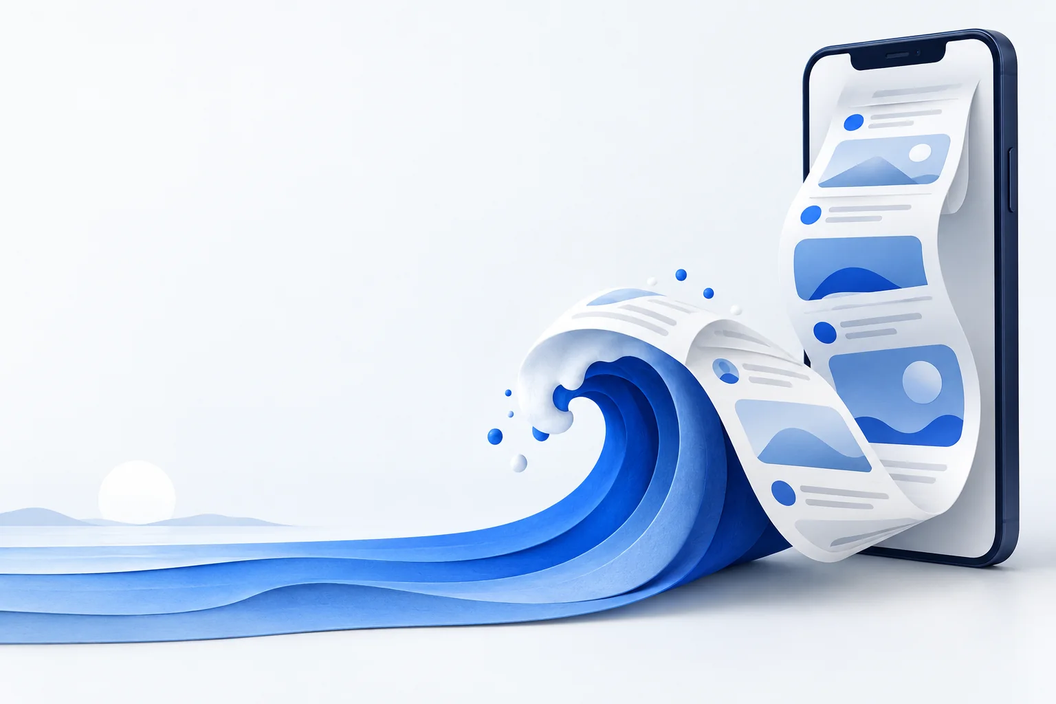 A ribbon of social posts flows out of a phone and becomes a blue ocean wave.